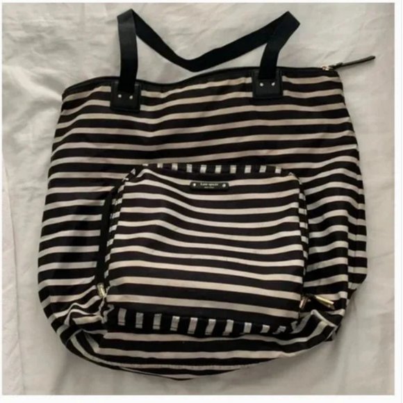 Kate Spade All Play No Work Foldable black white Striped travel Tote bag purse - Picture 5 of 8